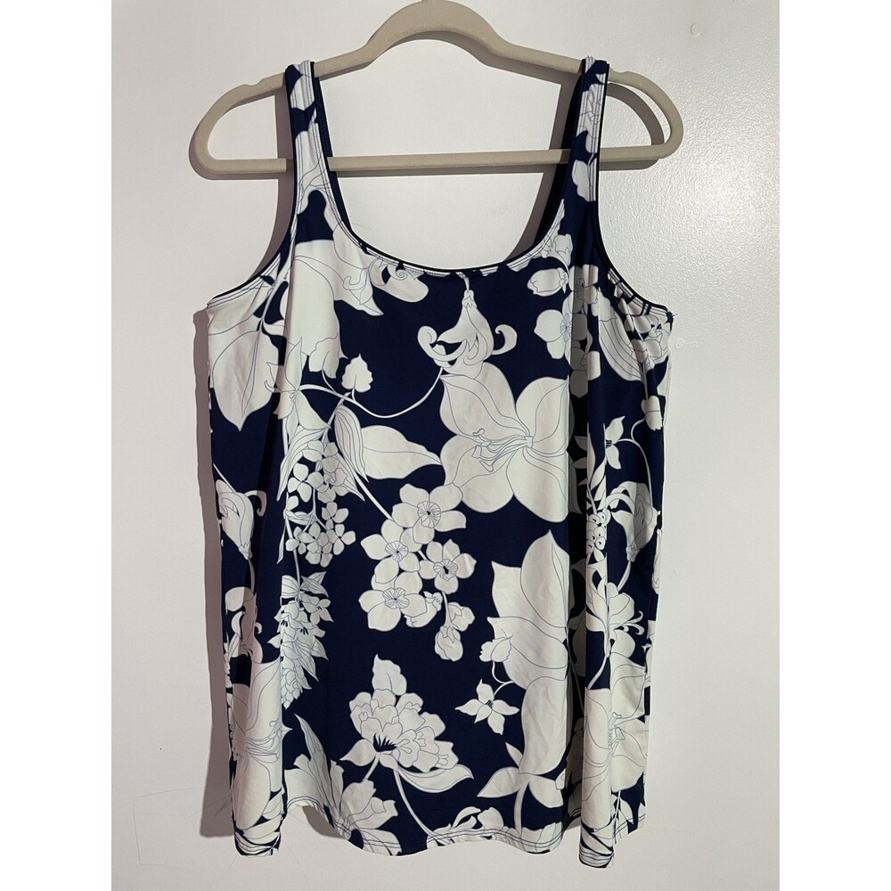Lands End Swim Dress L‎ Blue White Floral Resort Beach Pool Vacation Hawaiian